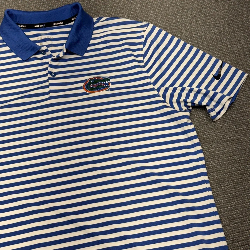 Nike Golf Mens Florida Gators Dri-FIT Striped Polo Shirt Blue White Medium